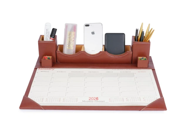 Desk calendar 2026 January to December 2026 Faux Leather Brown Paper/Memo/Phone/Card Holder Desk Table Organizer Office Supply Stationery with Planner Pack of 1