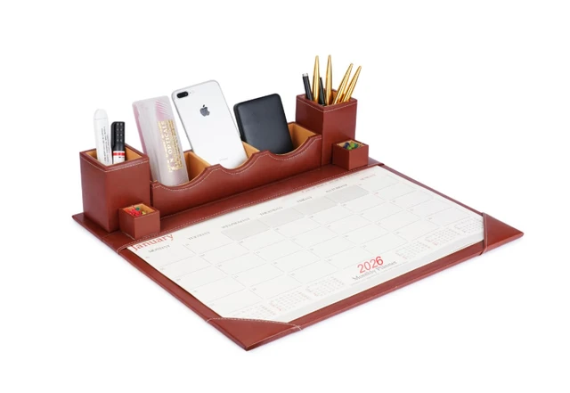 Desk calendar 2026 January to December 2026 Faux Leather Brown Paper/Memo/Phone/Card Holder Desk Table Organizer Office Supply Stationery with Planner Pack of 1