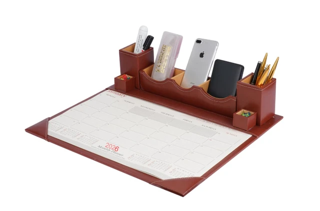 Desk calendar 2026 January to December 2026 Faux Leather Brown Paper/Memo/Phone/Card Holder Desk Table Organizer Office Supply Stationery with Planner Pack of 1