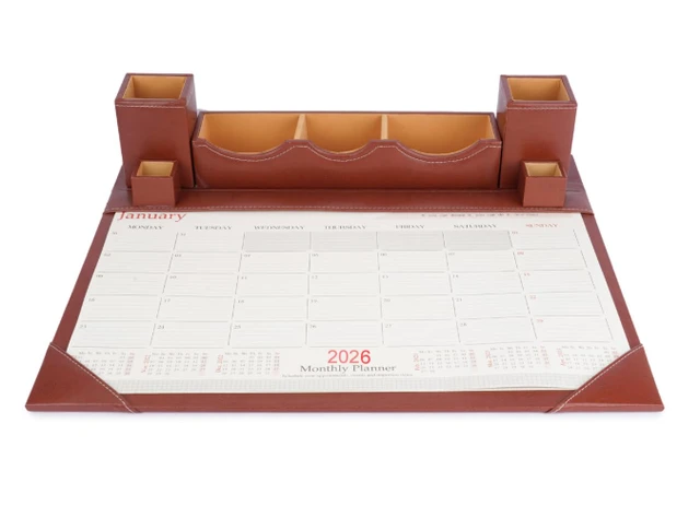 Desk calendar 2026 January to December 2026 Faux Leather Brown Paper/Memo/Phone/Card Holder Desk Table Organizer Office Supply Stationery with Planner Pack of 1