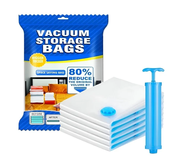 Vacuum Storage Bags – 5-Pack Large Space Saver Bags with Hand Pump – Reusable Vacuum Seal Bags for Clothes, Blankets, Duvets, Travel & Home Storage
