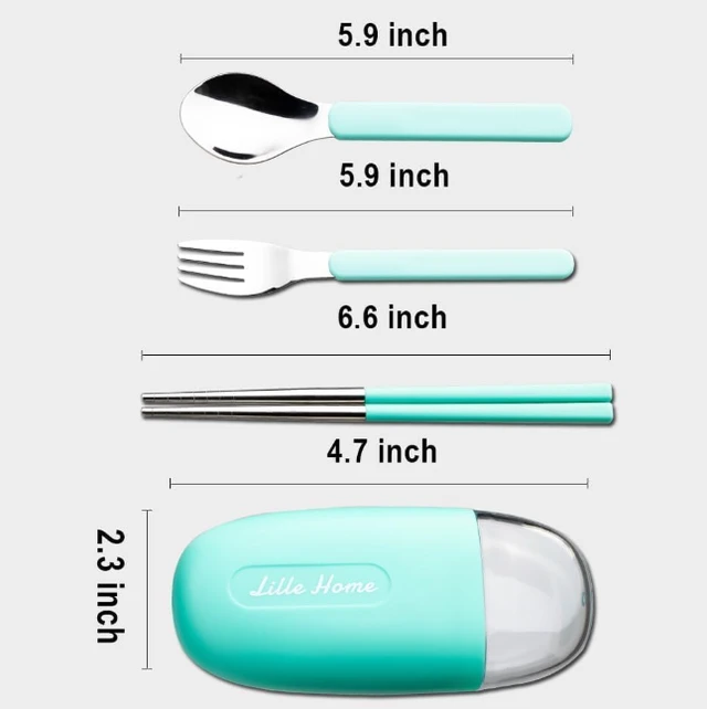 Cute Portable Cutlery/Utensil Set, Pocket Sized Stainless Steel Fork, Spoon, and Chopsticks, Food Grade Plastic Handle, with Storage Case, BPA Free, Ideal for Travel and Outdoor Green