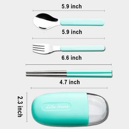 Cute Portable Cutlery/Utensil Set, Pocket Sized Stainless Steel Fork, Spoon, and Chopsticks, Food Grade Plastic Handle, with Storage Case, BPA Free, Ideal for Travel and Outdoor Green