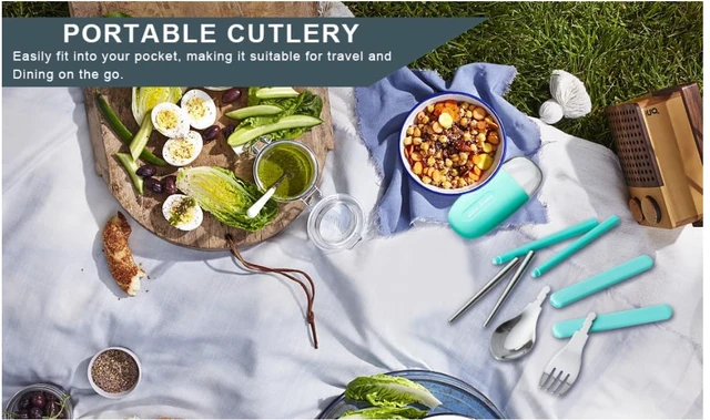 Cute Portable Cutlery/Utensil Set, Pocket Sized Stainless Steel Fork, Spoon, and Chopsticks, Food Grade Plastic Handle, with Storage Case, BPA Free, Ideal for Travel and Outdoor Blue