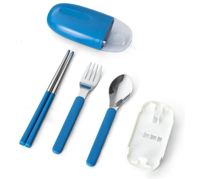 Cute Portable Cutlery/Utensil Set, Pocket Sized Stainless Steel Fork, Spoon, and Chopsticks, Food Grade Plastic Handle, with Storage Case, BPA Free, Ideal for Travel and Outdoor Blue