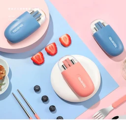 Cute Portable Cutlery/Utensil Set, Pocket Sized Stainless Steel Fork, Spoon, and Chopsticks, Food Grade Plastic Handle, with Storage Case, BPA Free, Ideal for Travel and Outdoor Blue
