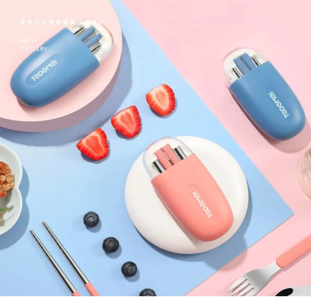 Cute Portable Cutlery/Utensil Set, Pocket Sized Stainless Steel Fork, Spoon, and Chopsticks, Food Grade Plastic Handle, with Storage Case, BPA Free, Ideal for Travel and Outdoor Blue