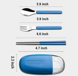 Cute Portable Cutlery/Utensil Set, Pocket Sized Stainless Steel Fork, Spoon, and Chopsticks, Food Grade Plastic Handle, with Storage Case, BPA Free, Ideal for Travel and Outdoor Blue