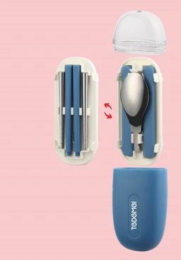 Cute Portable Cutlery/Utensil Set, Pocket Sized Stainless Steel Fork, Spoon, and Chopsticks, Food Grade Plastic Handle, with Storage Case, BPA Free, Ideal for Travel and Outdoor Blue