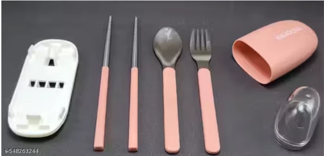Cute Portable Cutlery/Utensil Set, Pocket Sized Stainless Steel Fork, Spoon, and Chopsticks, Food Grade Plastic Handle, with Storage Case, BPA Free, Ideal for Travel and Outdoor Pink