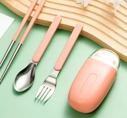 Cute Portable Cutlery/Utensil Set, Pocket Sized Stainless Steel Fork, Spoon, and Chopsticks, Food Grade Plastic Handle, with Storage Case, BPA Free, Ideal for Travel and Outdoor Pink