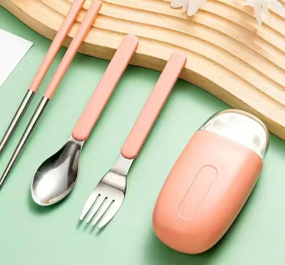 Cute Portable Cutlery/Utensil Set, Pocket Sized Stainless Steel Fork, Spoon, and Chopsticks, Food Grade Plastic Handle, with Storage Case, BPA Free, Ideal for Travel and Outdoor Pink