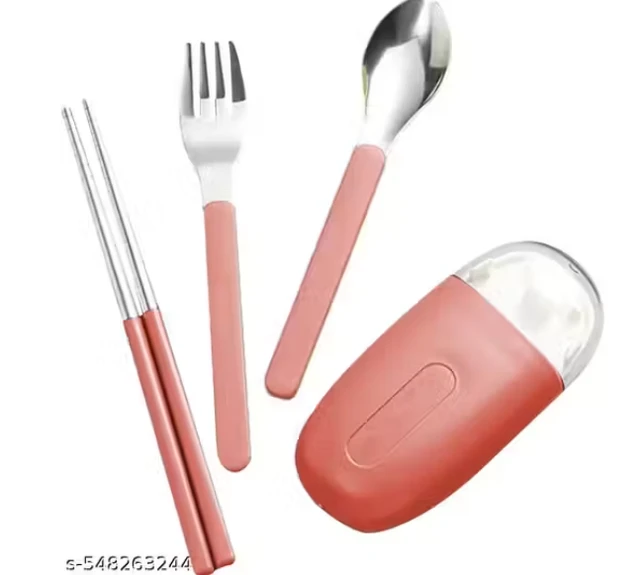 Cute Portable Cutlery/Utensil Set, Pocket Sized Stainless Steel Fork, Spoon, and Chopsticks, Food Grade Plastic Handle, with Storage Case, BPA Free, Ideal for Travel and Outdoor Pink
