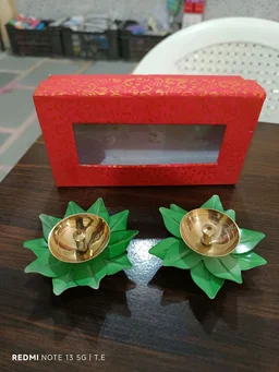 Lotus Brass Diya for Pooja – Hand-Painted Metal Oil Lamp for Diwali, Home Temple, Festival Decoration