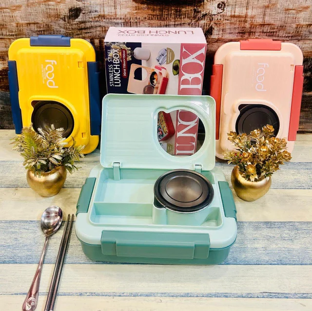 Stainless Steel Bento Lunch Box - 3 Compartments with Spoon & Chopsticks, BPA-Free, Dishwasher Safe, 1100ml + 150ml, Yellow - Kids Lunch Box for School, Office, College