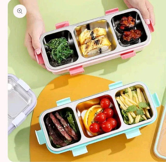 3 Compartment Stainless Steel Snack & Meal Box – 650ml– BPA-Free & Leak-Proof – Durable Clip Lock Design – Ideal for School, Office & Travel – Food Storage Container for Fresh