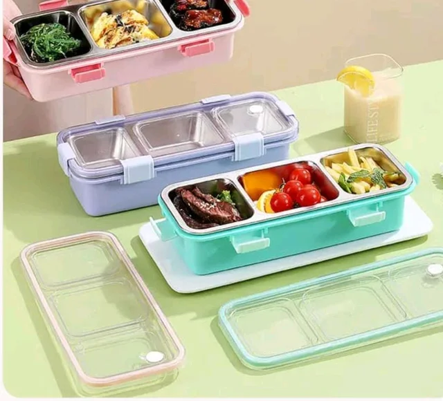 3 Compartment Stainless Steel Snack & Meal Box – 650ml– BPA-Free & Leak-Proof – Durable Clip Lock Design – Ideal for School, Office & Travel – Food Storage Container for Fresh