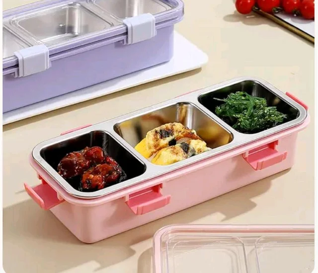 3 Compartment Stainless Steel Snack & Meal Box – 650ml– BPA-Free & Leak-Proof – Durable Clip Lock Design – Ideal for School, Office & Travel – Food Storage Container for Fresh