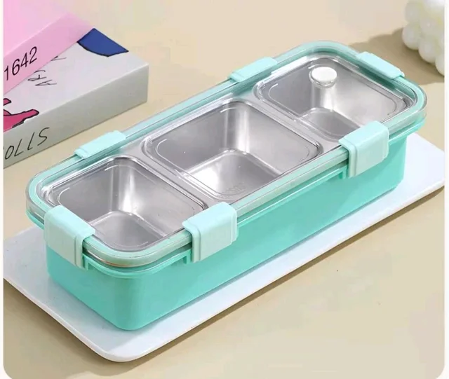 3 Compartment Stainless Steel Snack & Meal Box – 650ml– BPA-Free & Leak-Proof – Durable Clip Lock Design – Ideal for School, Office & Travel – Food Storage Container for Fresh