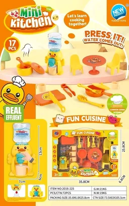 Mini Kitchen Play Set for Kids, 17 Pieces with Duck Water Dispenser, Cooking Utensils and Furniture, Ages 3+