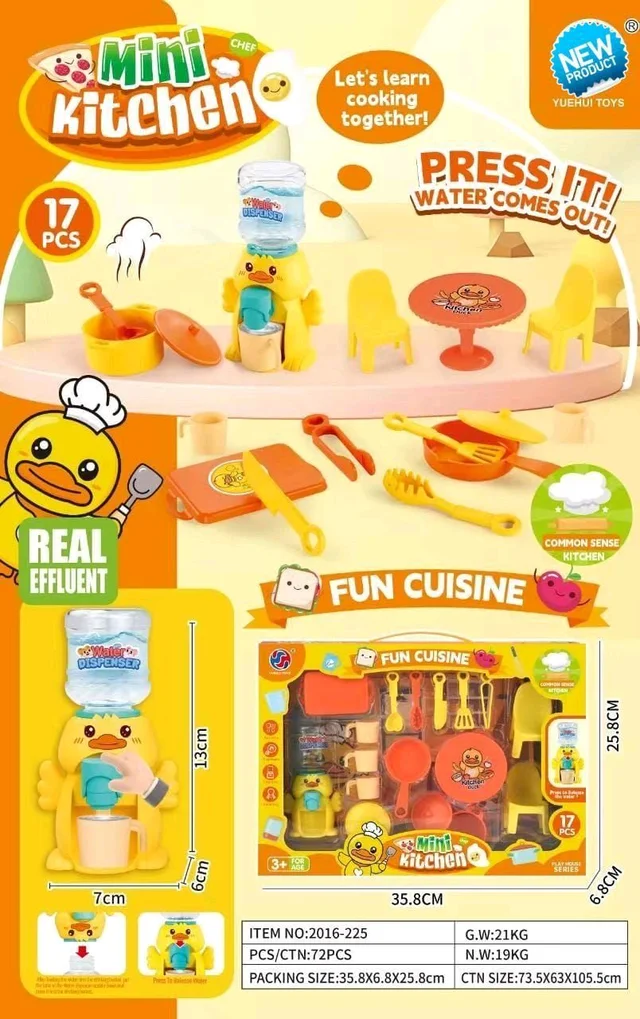 Mini Kitchen Play Set for Kids, 17 Pieces with Duck Water Dispenser, Cooking Utensils and Furniture, Ages 3+