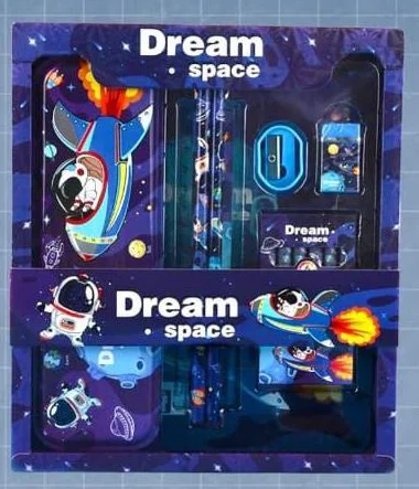 12pcs Space Theme Stationery Set for Boys Set of Pencil Eraser Color Scale Pencil Box Geometry School Stationery Kit Birthday Gift for boys, Return Gift, Rakhi Gift Set
