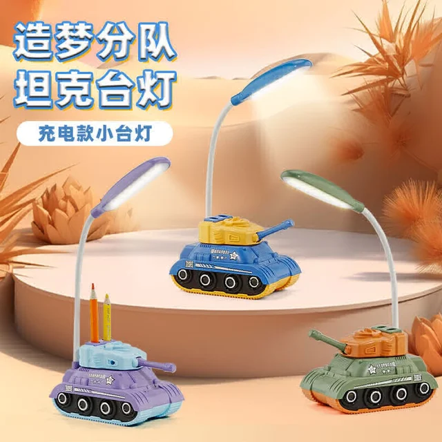 Cute Military Tank Table Lamp - Rechargeable Desk Lamp with Pen Holder & Sharpener, Study Desk Light for Study Room/Home/Office