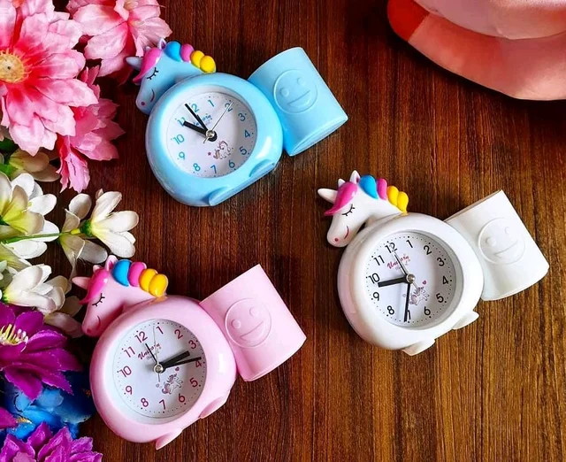 PARTEET Analog Alarm Clock with Pen Holder for Kids Bedroom Unicorn Alarm Watch for Girls Loud Bell Alarm Table Clock for Heavy Sleepers(Assorted Colour)(Plastic, 3.1Wx5.9Lx2.0H inches)