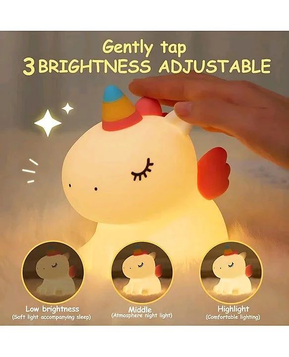 Toyshine Cute Sitting Unicorn Night Light Squishy Silicone 3 Level Dimmable LED Rechargeable Bedside Touch Lamp with Timer Function for Bedroom & Office