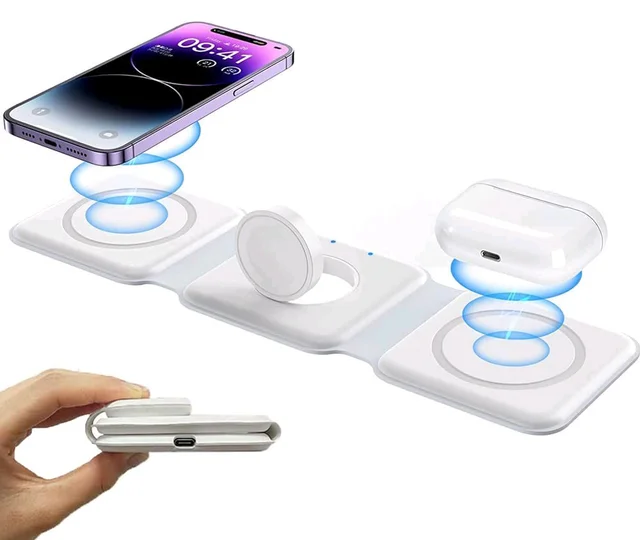 3in1 Foldable 23W Magnetic Wireless Fast Charging Stand Compatible with Apple iPhone Magsafe/Samsung/iWatch/Airpods and All Phones with Wireless Charging Support (White)