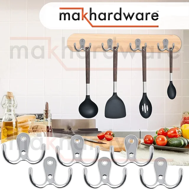 MAK HARDWARE J HOOK Stainless Steel Unbreakable J Type Two Hook Bathroom Hooks Cloth Hanger Wall Hook Door Robe Hooks for Hanging Keys, Clothes Per Piece... - SILVER