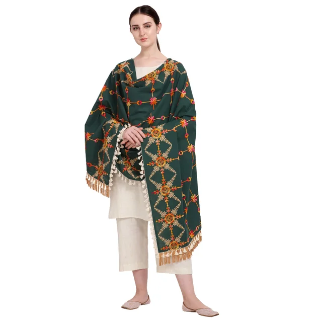 Generic Women's Cotton Embroidered Dupatta (Green, Length: 0.5 to 1 Mtr)
