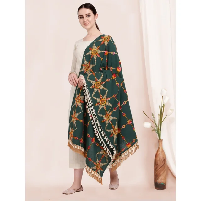 Generic Women's Cotton Embroidered Dupatta (Green, Length: 0.5 to 1 Mtr)
