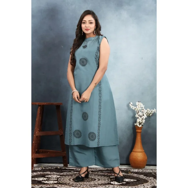 Generic Women's Silk Printed Round Neck Kurti with Pant Set (Grey)