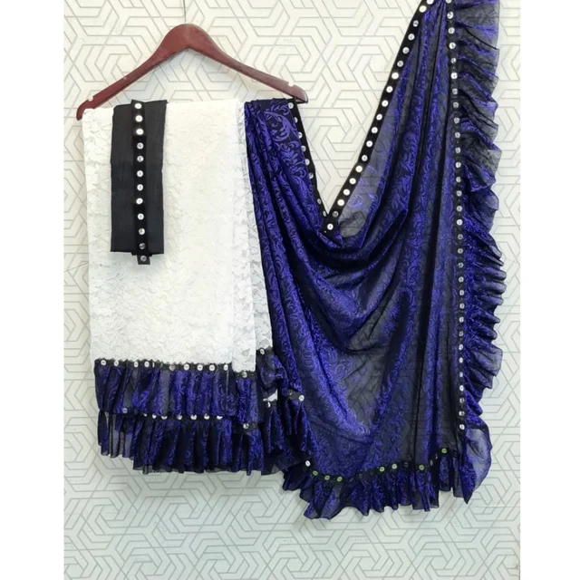 Generic Women's Silk With Mirror Lace Solid Saree With Unstitched Blouse (Blue, 5-5 Mtrs)