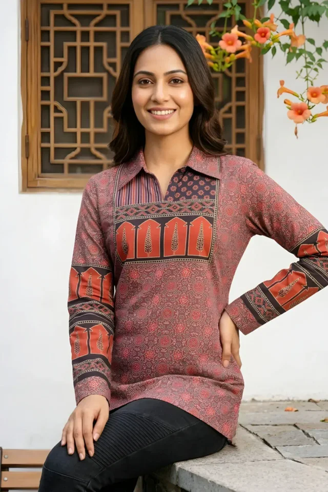 Rust Azrakh Print Modal Kurti with Shirt Collar