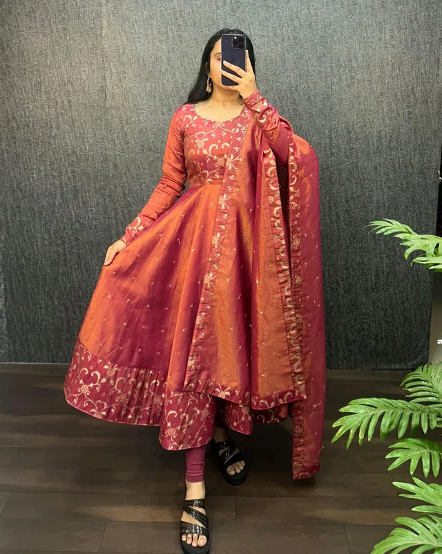 Nila - Banarasi Anarkali Gown - M, Rust Orange