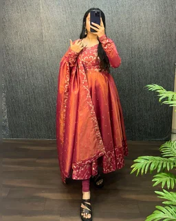 Nila - Banarasi Anarkali Gown - M, Rust Orange