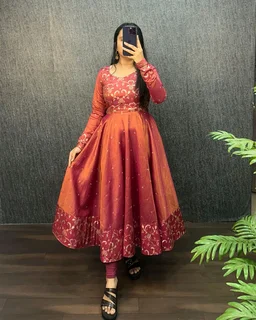 Nila - Banarasi Anarkali Gown - M, Rust Orange