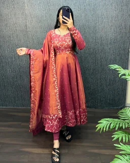Nila - Banarasi Anarkali Gown - L, Rust Orange