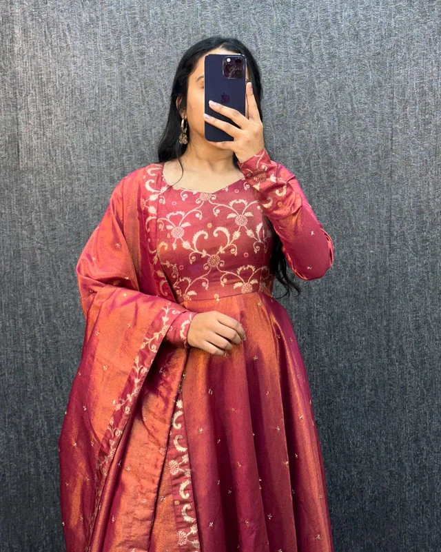 Nila - Banarasi Anarkali Gown - L, Rust Orange