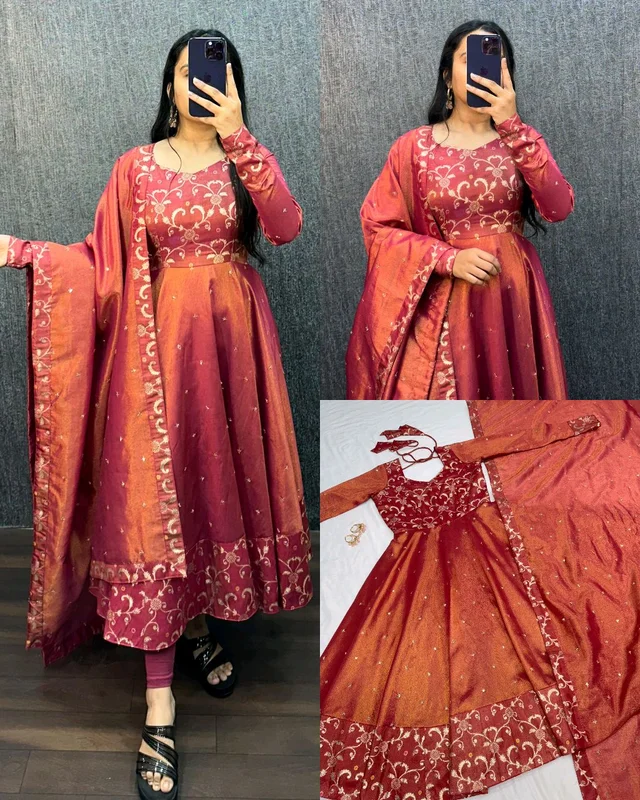 Nila - Banarasi Anarkali Gown - L, Rust Orange