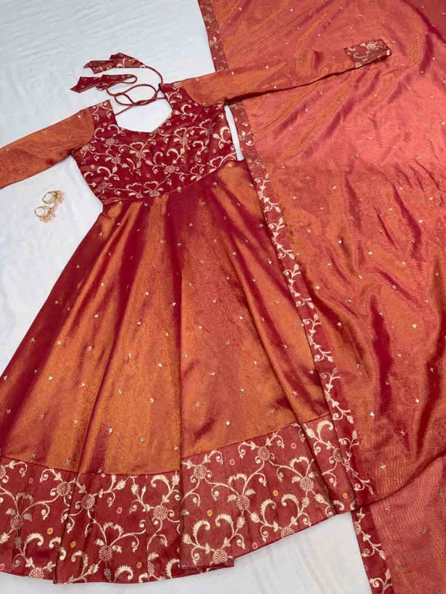 Nila - Banarasi Anarkali Gown - L, Rust Orange