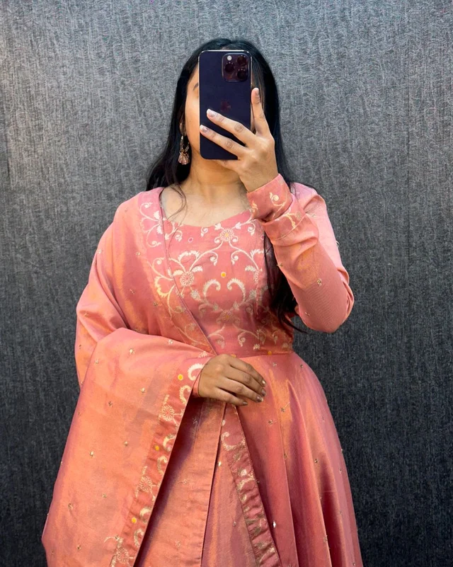 Nila - Banarasi Anarkali Gown - S(36), Lavender Rose