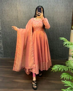 Nila - Banarasi Anarkali Gown - S(36), Lavender Rose