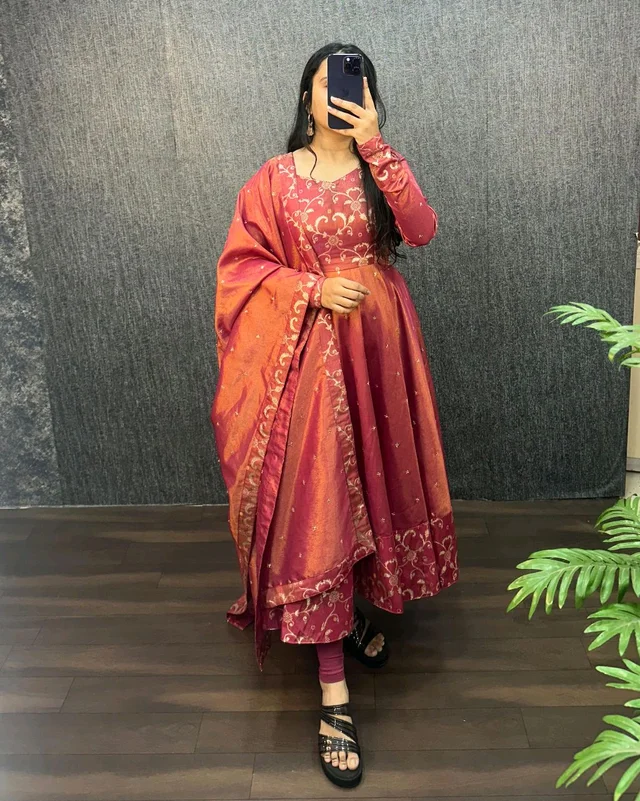 Nila - Banarasi Anarkali Gown - S(36), Lavender Rose