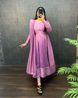 Nila - Banarasi Anarkali Gown - 2XL, Lavender Rose