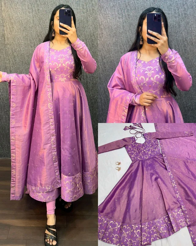 Nila - Banarasi Anarkali Gown - 2XL, Lavender Rose