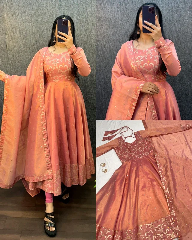 Nila - Banarasi Anarkali Gown - 3XL, Peach