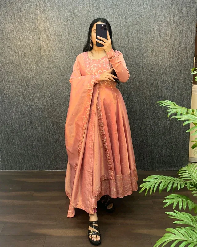 Nila - Banarasi Anarkali Gown - 3XL, Peach